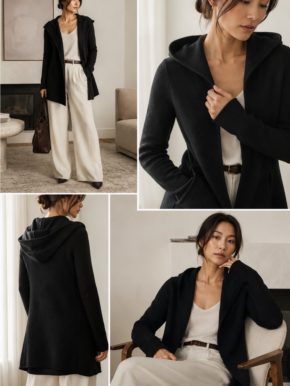 Vince Black Wool Open Cardigan Hoodie XS Quiet Luxury Minimal Fall Winter Layer